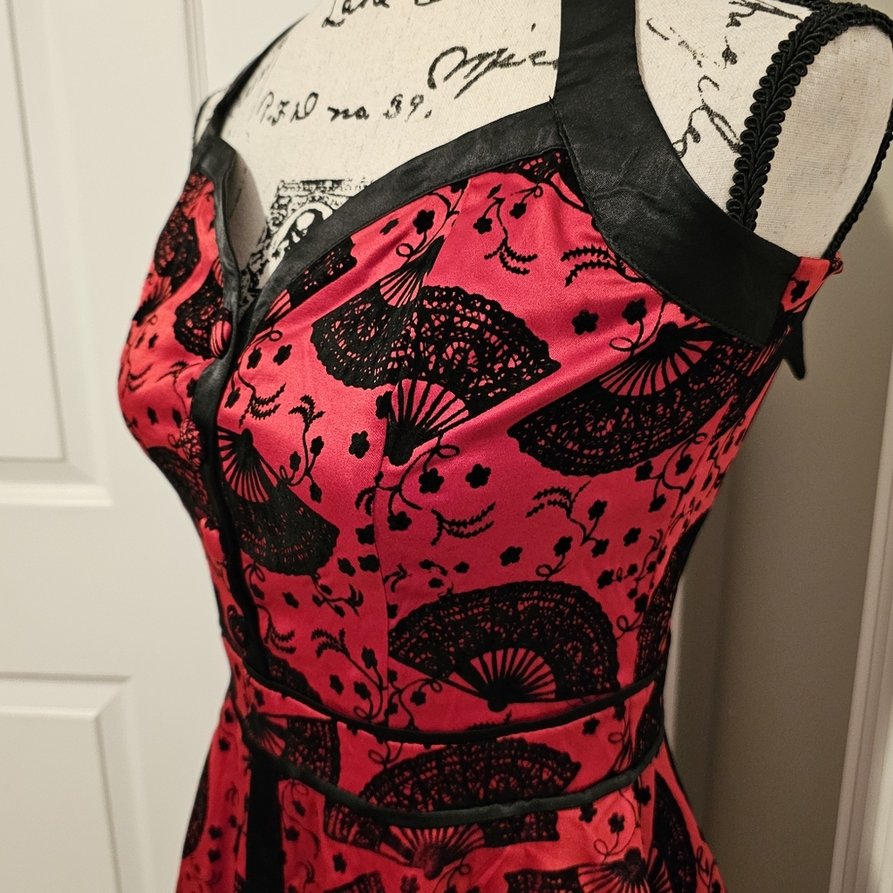 VOODOO VIXEN Red Black Fan Halter Dress Fit & Flare - Rare! - Picture 2 of 8